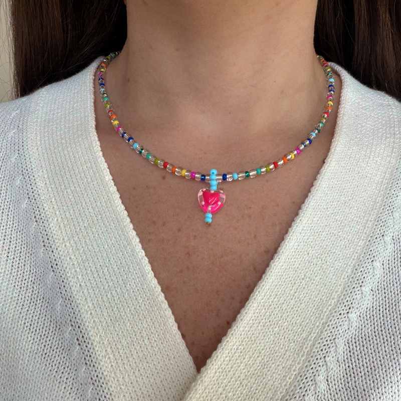 Glass Heart Necklace - Fucsia