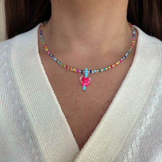 Glass Heart Necklace - Fucsia